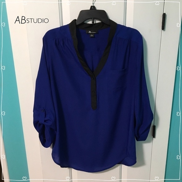 Ab STUDIO Royal Blue and Black Blouse - Picture 1 of 5
